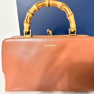 Jil Sander Brown Leather Clutch with Bamboo Handle
